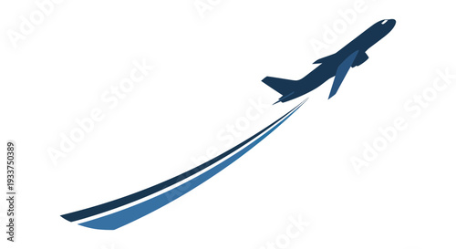 Airplane taking off with blue abstract trail, vector illustration