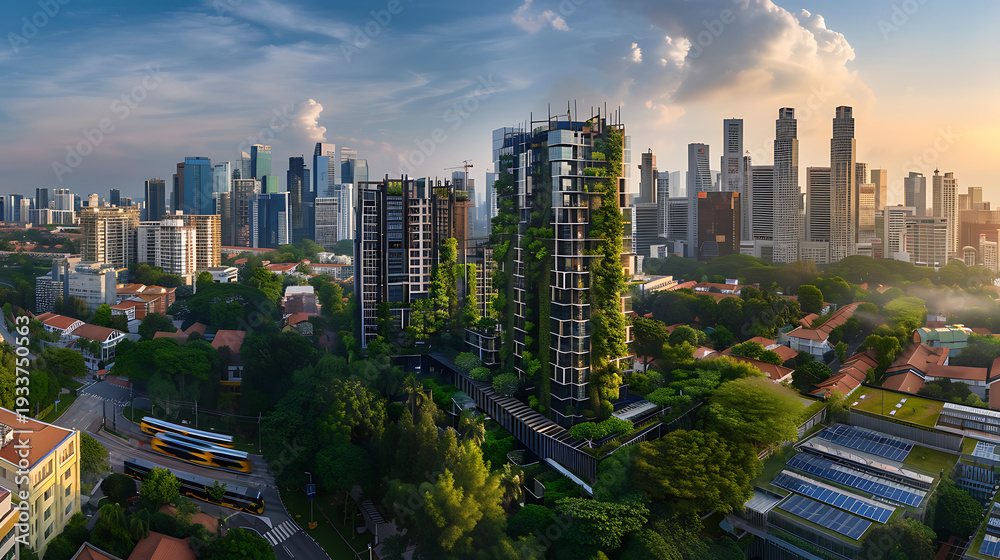 Obraz premium Urban panorama featuring green architecture and vertical gardens integrated into a modern city skyline, symbolizing sustainable development and eco-living