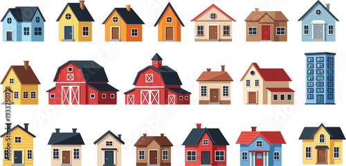Collection of various residential houses and barns isolated on white background, colorful cartoon vector illustration set of buildings