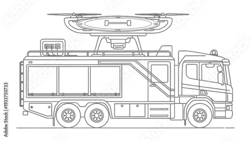Drone Equipped on Truck: A futuristic line drawing reveals an advanced technological fusion of a drone, expertly integrated atop a robust truck. It represents innovation, aerial surveillance.