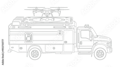 Drone Deployment Vehicle: A highly detailed illustration showcasing a modern drone atop a specialized vehicle, designed for efficient aerial operations and surveillance.