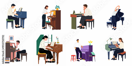 Diverse individuals engaged with pianos, encompassing practice, performance, relaxation, and musical appreciation, showcasing various interactions with the classic instrument.