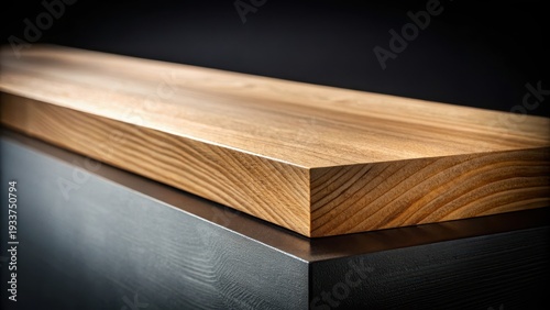 A photo of a crisp wooden edge against a sleek black background, industrial aesthetics dominating the frame