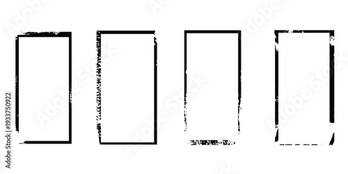 Grunge frame border set. Distressed rectangle edges and rough ink outline elements. Vector texture pack.