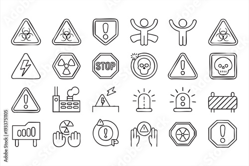 Minimal warning outline icons for industrial safety and hazard alerts