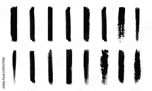Vertical grunge brush stroke set. Rough black paint and distressed ink texture elements. Vector texture strikethrough pack.	