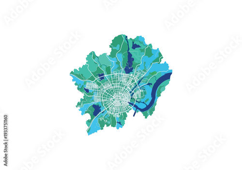 Stylized Radial City Map with River and Lakes