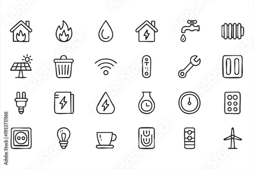 Eco home energy icon collection for sustainable household solutions