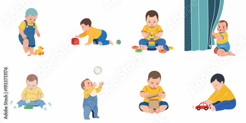 Adorable babies playing with various toys and exploring their surroundings, a charming collection of childhood moments showcasing developmental stages and joy.