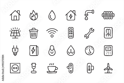 Home electricity and utility line art icons for app interface design