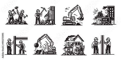 Construction worker activity icon set. Building construction, excavation and engineering work silhouettes. Solid black vector pack.