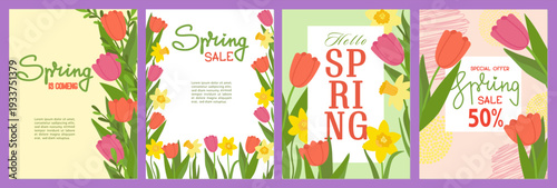 Colorful vector illustration collection of spring sale templates. Features vibrant tulips and daffodils with editable text space for retail promotions and seasonal special offers.