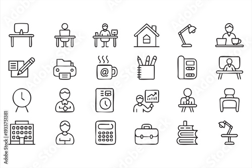 Minimalist line icon set for office workspace and business communication concepts