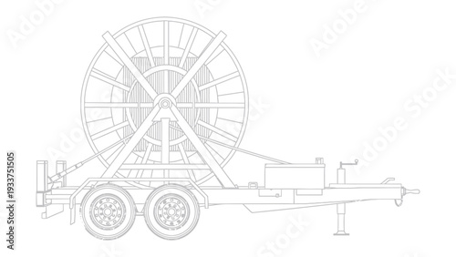 Industrial Cable Reel: A detailed outline showcases a heavy-duty cable reel mounted on a sturdy trailer, ready for transport and industrial use.