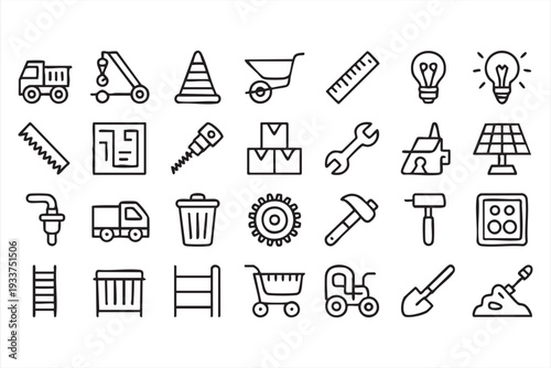 Infrastructure and maintenance line art icon pack for engineering workflows