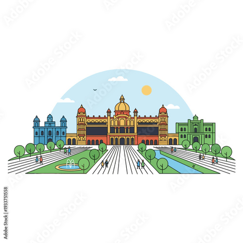 Historic Palace with Gardens and People Vector Illustration