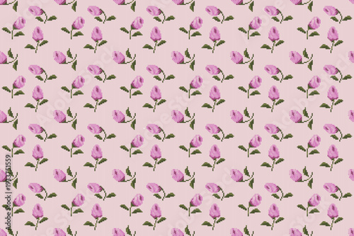 Pixelated rose pattern, continuous design, suitable for continuous surfaces, fabrics, walls, and gift wrapping paper.