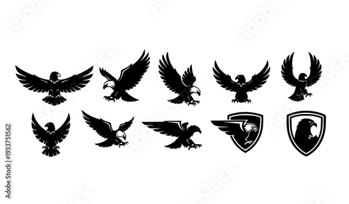 Professional Black and White Eagle Logo Silhouette Set for Sports and Branding
