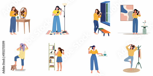 Collection of illustrations depicting women engaged in daily hair care routines, brushing and combing their hair in various indoor settings.