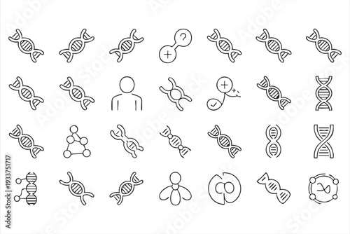 Genetics research and healthcare laboratory minimalist line icon set