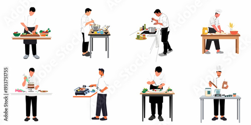 Chefs and Bakers: A diverse collection of culinary professionals showcasing various kitchen tasks, from preparing ingredients and cooking meals to baking and plating dishes.