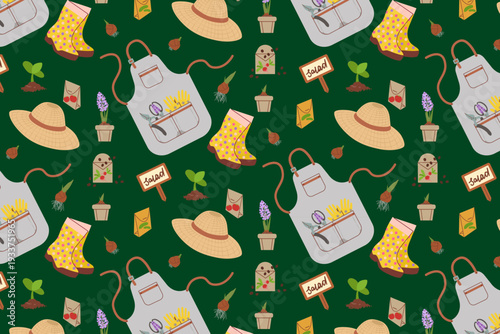 Seamless vector illustration of gardening equipment including a work apron, straw hat, polka dot boots, and seedlings. Ideal for hobbyist branding, textile design, and eco-friendly packaging.