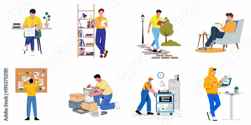 Diverse Work and Study Activities: Men Reading, Writing, and Organizing Documents in Various Settings.