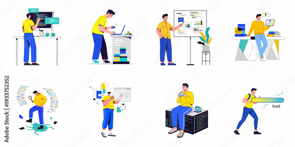 Fototapeta premium Comprehensive illustration set showcasing software development, coding, data analysis, debugging, and tech work processes, highlighting innovation, problem-solving, and professional activities.
