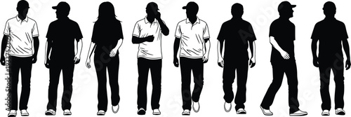 Casual people walking silhouette set, men and woman in polo shirts isolated black vector illustration collection