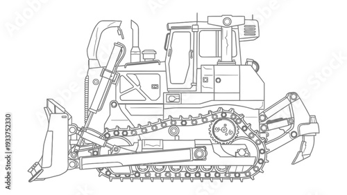 Bulldozer: A detailed schematic illustration of a powerful bulldozer, showcasing its robust design and heavy-duty capabilities, ideal for construction and earthmoving projects.