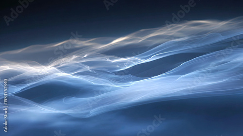 Dry ice smoke floating on black floor concept. Abstract image showcasing flowing waves of blue light.