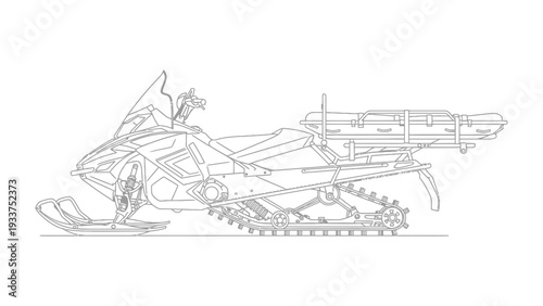 Snowmobile Blueprint: Detailed blueprint illustration of a modern snowmobile, showcasing intricate design and mechanical components.
