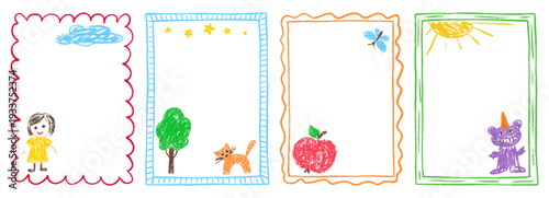 Kindergarten crayon box for border frame pastel and kid pencil text. Drawn drawing shape for heart cute child and childish day gift. Kindergarten background doodle for border chalk dinosaur.