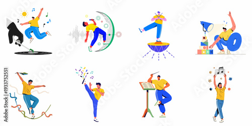 A collection of illustrations depicting joyful men immersed in various musical and artistic expressions, from DJing and singing to drumming, dancing, and conducting.