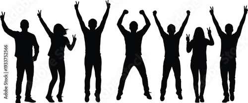 Happy people celebrating silhouette set, jumping men and women showing victory hand gesture isolated black vector illustration