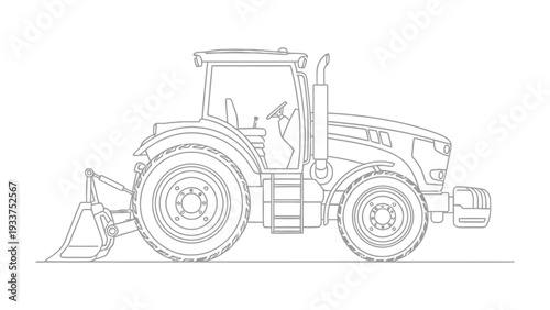 Agricultural machinery outline: A detailed outline of a robust tractor, ready for the tasks of agriculture, embodies the power and innovation of farming technology.
