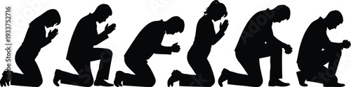 Kneeling people praying silhouette set, men and women prayer poses isolated black vector illustration collection