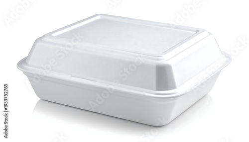 Wallpaper Mural A white styrofoam food container is shown with a lid, sitting on a white surface with a visible reflection Torontodigital.ca