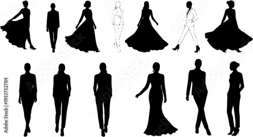 Elegant Female Fashion Silhouettes Collection: Diverse Women Models in Various Poses, Clothing Styles, Dresses, Suits  Casual Wear