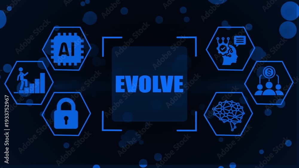 Central word EVOLVE surrounded by hexagonal representing AI chip growth ...