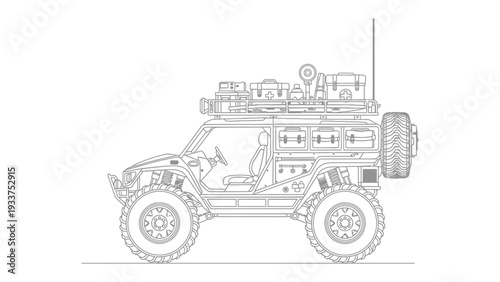 Adventure Vehicle: A rugged all-terrain vehicle, laden with gear, stands ready for exploration, embodying the spirit of adventure and the call of the wild.