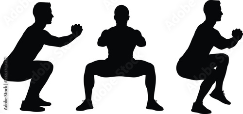 Man doing squat exercise silhouette set, fitness training pose isolated black vector illustration collection