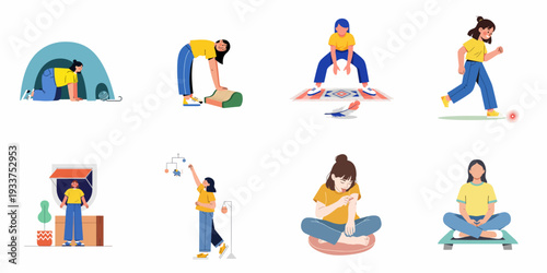 A collection of simple, playful, and relaxing everyday moments of women engaged in domestic activities, self-care, and mindfulness, depicted in flat, cheerful illustrations.