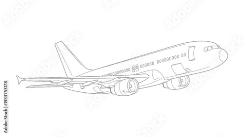 Air Travel Line Art: An illustration of a modern passenger airplane soaring through the sky, perfect for various design uses.