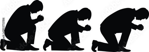 Man kneeling and praying silhouette set, religious male worship pose isolated black vector illustration collection