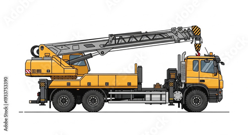 Yellow mobile crane truck with extended boom and hook.