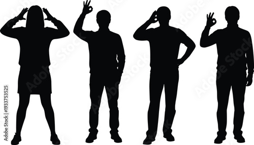 Men and woman showing OK hand sign silhouette set, approval gesture isolated black vector illustration collection