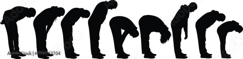 People bending forward silhouette set, stretching exercise sequence standing men and women isolated black vector illustration collection