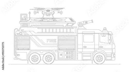 Fire Truck with Drone Integration: A detailed outline of a modern fire truck, equipped with integrated drone technology, showcasing the cutting-edge in emergency response and urban safety.