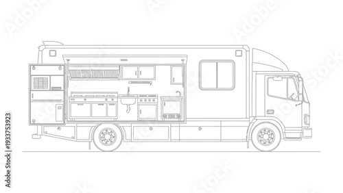 Mobile Culinary: The inner workings of a food truck are revealed, with detailed illustrations showing the layout of the kitchen. A unique perspective on mobility and culinary innovation.